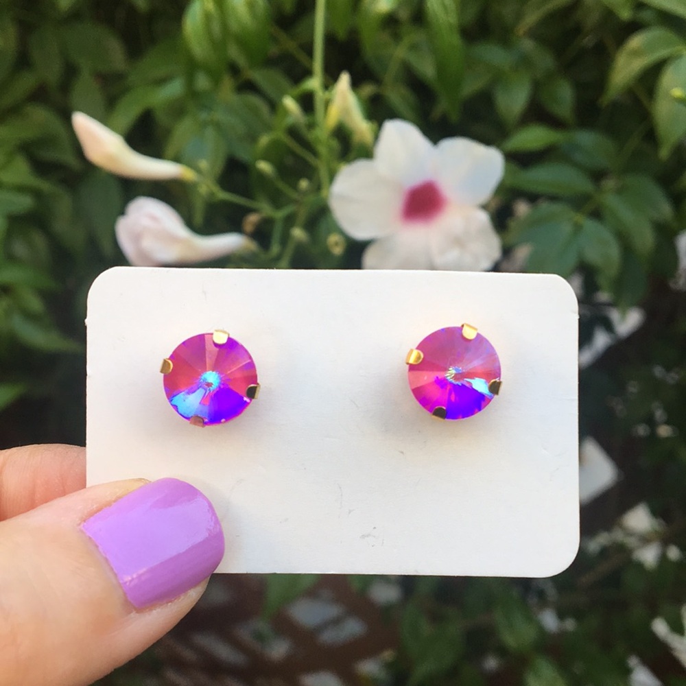 Fuchsia Hot Pink Aurora Borealis + Gold Rivoli Crystal Earrings - Picture 3 of 13